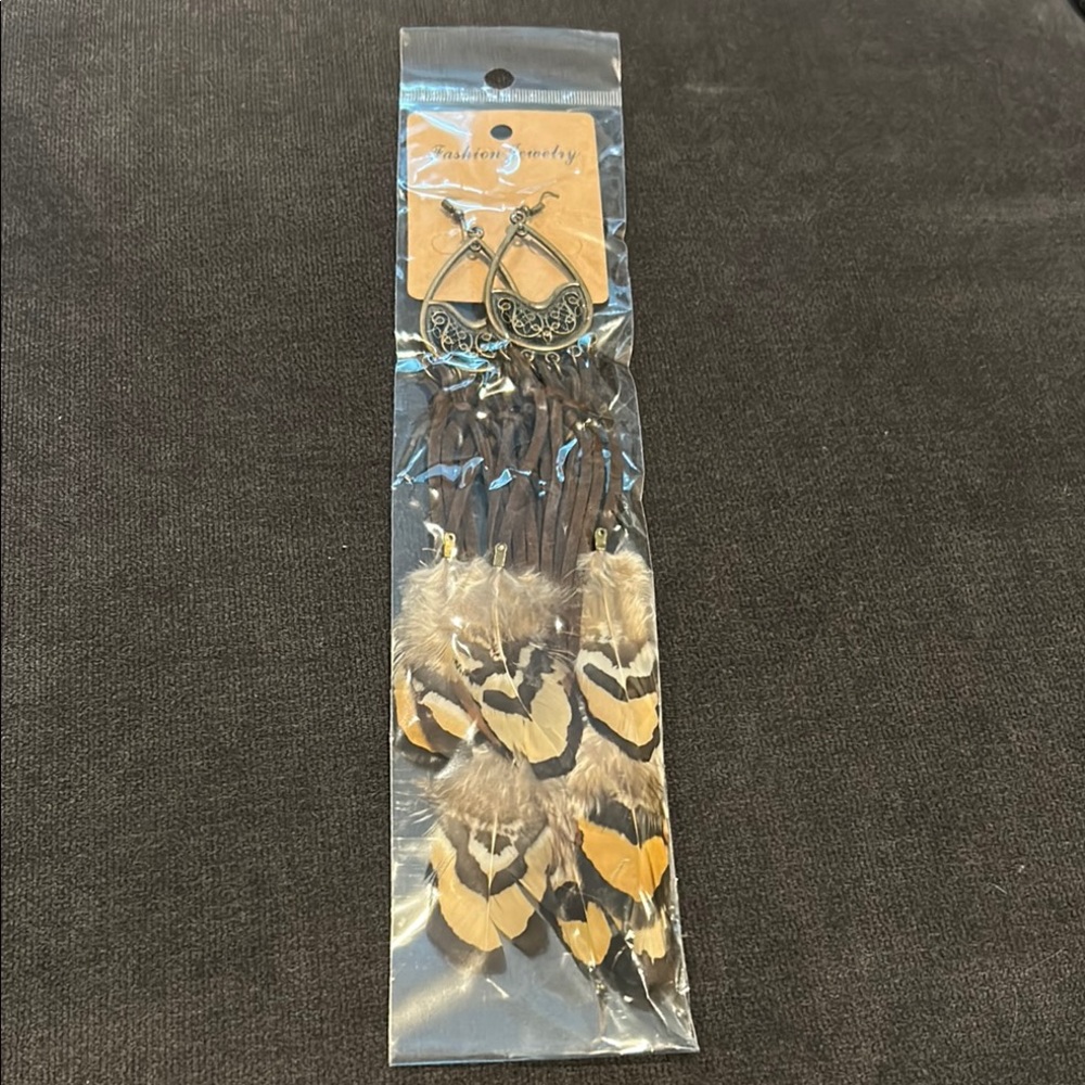NWT & In Original Packaging Boho Feather Earrings with Metal Accents 9 Inches